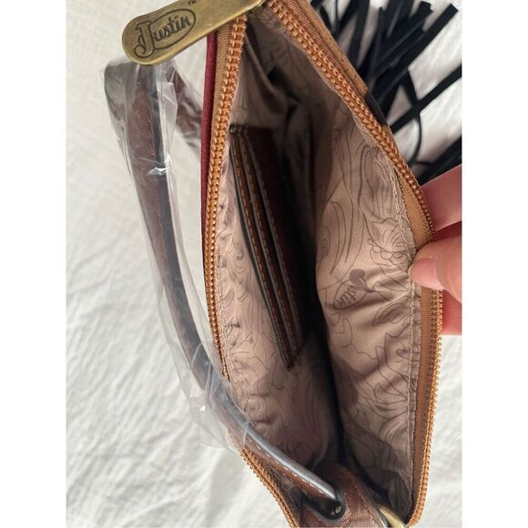 Justin Convertible Bag Wristlet Black Red Animal Print Leather Fringe Western NW - Picture 6 of 6